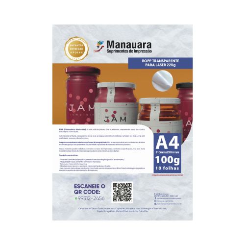 BOPP LASER TRANSPARENTE A4 220G PACOTE COM 10 FOLHAS - CÓD. 2508