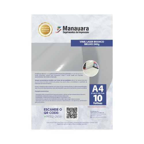 VINIL LASER BRANCO BRILHO A4 240G PACOTE COM 10 FOLHAS - CÓD. 2373