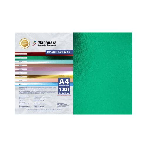 PAPEL LAMINADO METALLIK VERDE ESCURO A4 180G 9 FOLHAS - CÓD. 2959