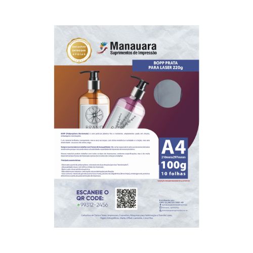 BOPP LASER PRATA A4 220G PACOTE COM 10 FOLHAS - CÓD. 2507