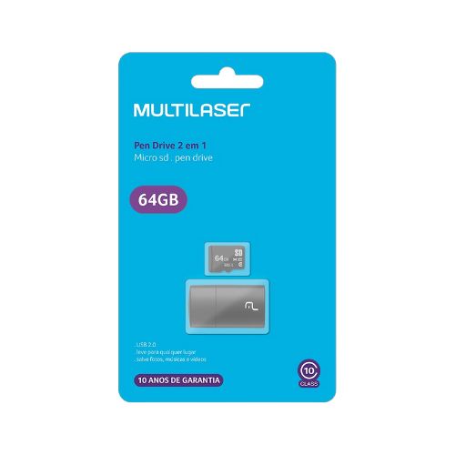 PEN DRIVE 2 EM 1 LEITOR USB + CARTÃO DE MEMÓRIA CLASSE 10 64GB PRETO MULTILASER MC164 - CÓD. 2520