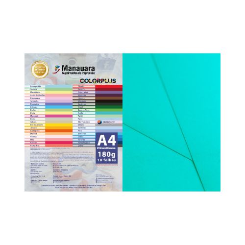 PAPEL COLORPLUS ARUBA A4 180G PACOTE 18 FOLHAS - CÓD. 2807