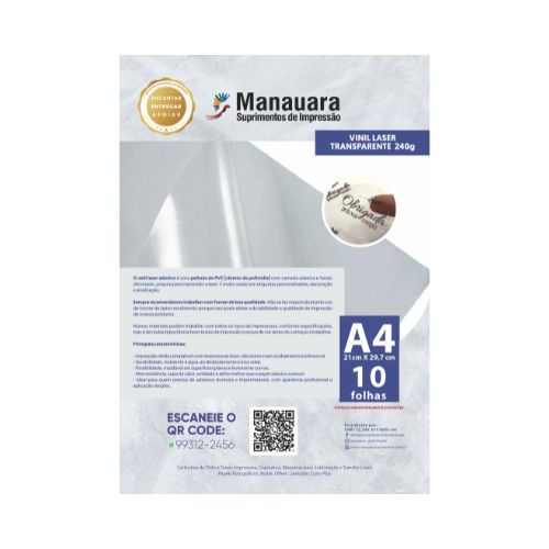 VINIL LASER TRANSPARENTE A4 240G PACOTE COM 10 FOLHAS - CÓD. 2371