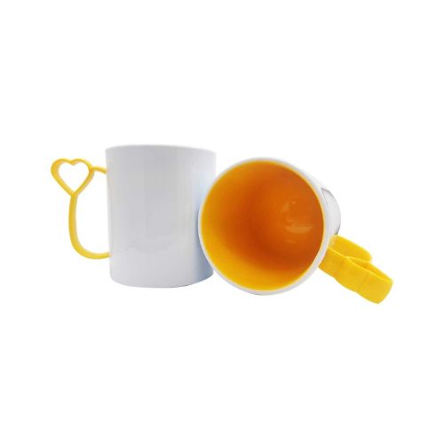 CANECA DE POLÍMERO INTERNA AMARELO E ALÇA CORAÇÃOZINHO AMARELO PAR SUBLIMAÇÃO 133G 325ML - CÓD. 3720