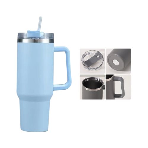 COPO TÉRMICO GARRAFA 1200ML ALÇA LATERAL DUPLA CAMADA EM INOX TAMPA VEDADA CANUDO AZUL - CÓD. 3835