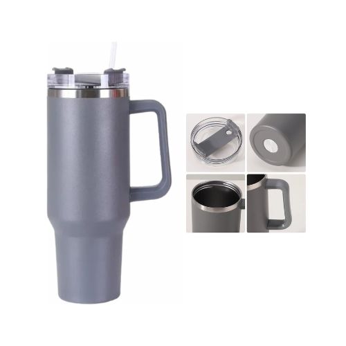 COPO TÉRMICO GARRAFA 1200ML ALÇA LATERAL DUPLA CAMADA EM INOX TAMPA VEDADA CANUDO CINZA- CÓD. 3833