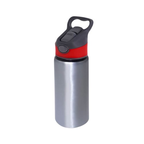 SQUEEZE DE ALUMÍNIO PRATEADO BICO AUTOMÁTICO TAMPA VERMELHA 600ML - CÓD. 3542
