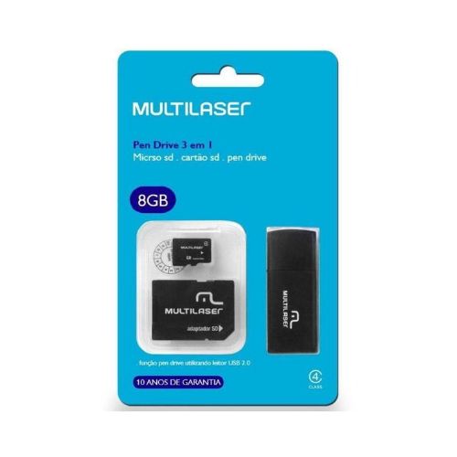 KIT 3 EM 1 PEN DRIVE + ADAPTADOR SD + CARTÃO DE MEMÓRIA MULTILASER 8GB MC058 - CÓD. 724