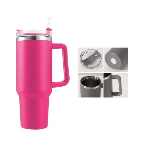 COPO TÉRMICO GARRAFA 1200ML ALÇA LATERAL DUPLA CAMADA EM INOX TAMPA VEDADA CANUDO ROSA - CÓD. 3834