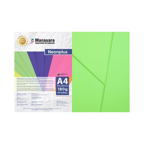 PAPEL NEONPLUS VERDE A4 180G PACOTE 9 FOLHAS - CÓD. 2992