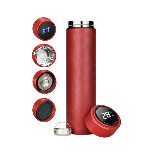 GARRAFA TÉRMICA INOX COM DISPLAY TEMPERATURA TERMÔMETRO DIGITAL 500ML VERMELHO - CÓD. 3935