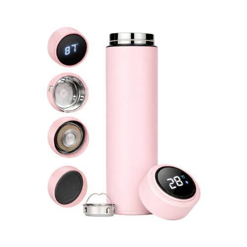 GARRAFA TÉRMICA INOX COM DISPLAY TEMPERATURA TERMÔMETRO DIGITAL 500ML ROSA - COD. 3934