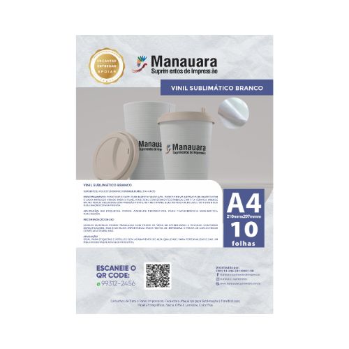 VINIL SUBLIMÁTICO BRANCO A4 240G 10 FOLHAS - CÓD. 2184