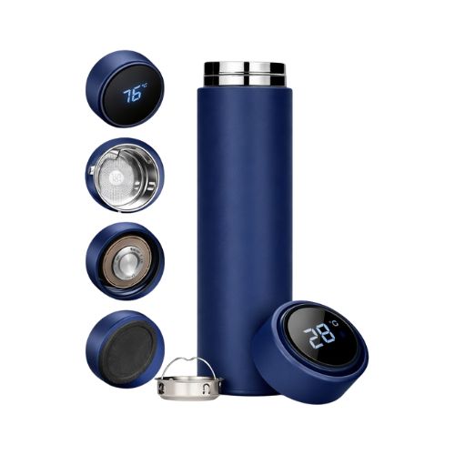 GARRAFA TÉRMICA INOX COM DISPLAY TEMPERATURA TERMÔMETRO DIGITAL 500ML AZUL - CÓD. 3932