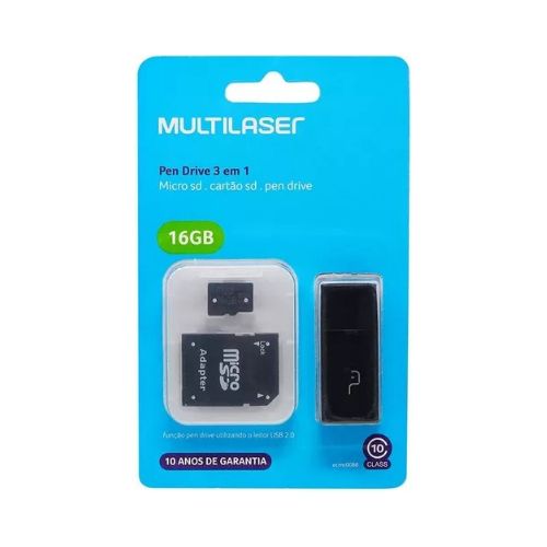 KIT 3 EM 1 PEN DRIVE + ADAPTADOR SD + CARTÃO DE MEMÓRIA MULTILASER 16GB MC112 - CÓD. 725