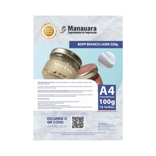 BOPP LASER BRANCO A4 220G PACOTE COM 10 FOLHAS - CÓD. 2506