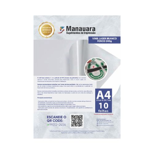 VINIL LASER BRANCO FOSCO A4 240G PACOTE COM 10 FOLHAS - CÓD. 2372