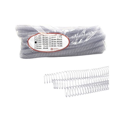 ESPIRAIS ENCADERNAÇÃO 14MM, 56 ESPIRAIS, FIO 1,6MM, 85 FOLHAS, PACOTE 100 UND INCOLOR - CÓD. 3852