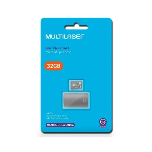 PEN DRIVE 2 EM 1 LEITOR USB + CARTÃO DE MEMÓRIA CLASSE 10 32GB PRETO MULTILASER MC163 - CÓD. 2647