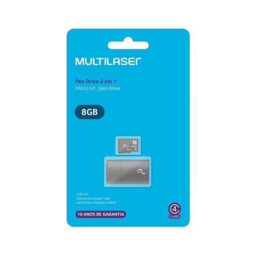 PEN DRIVE 2 EM 1 LEITOR USB + CARTÃO DE MEMÓRIA CLASSE 4 8GB PRETO MULTILASER MC161 - CÓD. 2648