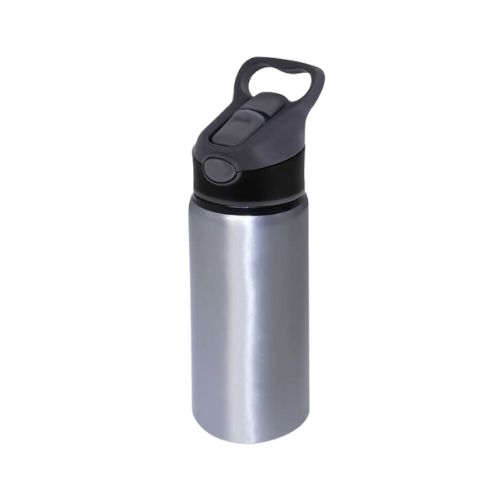 SQUEEZE DE ALUMÍNIO PRATEADO BICO AUTOMÁTICO TAMPA PRETA 600ML 20 OZ - CÓD. 3543